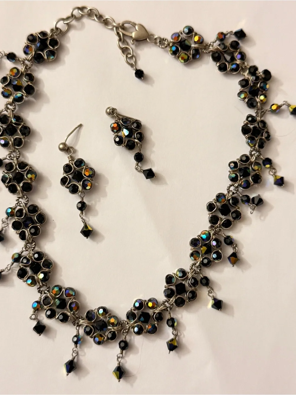 Artisan Black Necklace and Earrings with Multicolor Aurora Crystals